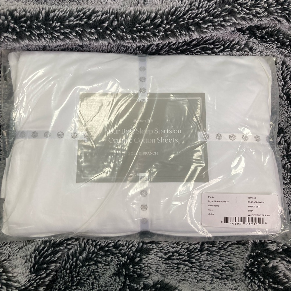 NWT Boll & Branch organic twin sheet set white/pewter